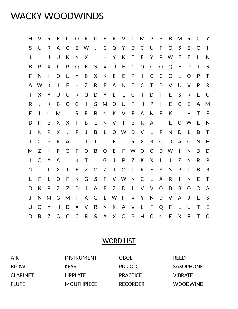Wacky Woodwinds word search with flute, clarinet, oboe, and saxophone.