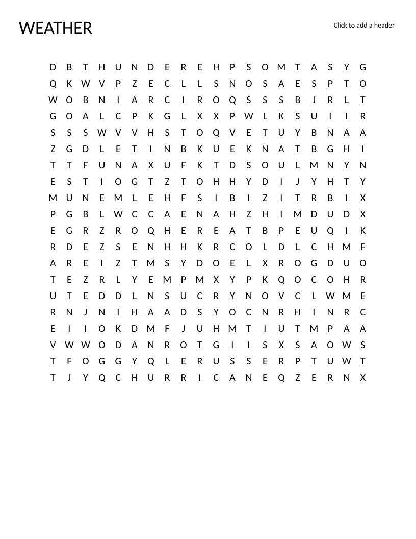 Weather word search with words like sunny, hurricane, blizzard, and rainbow.