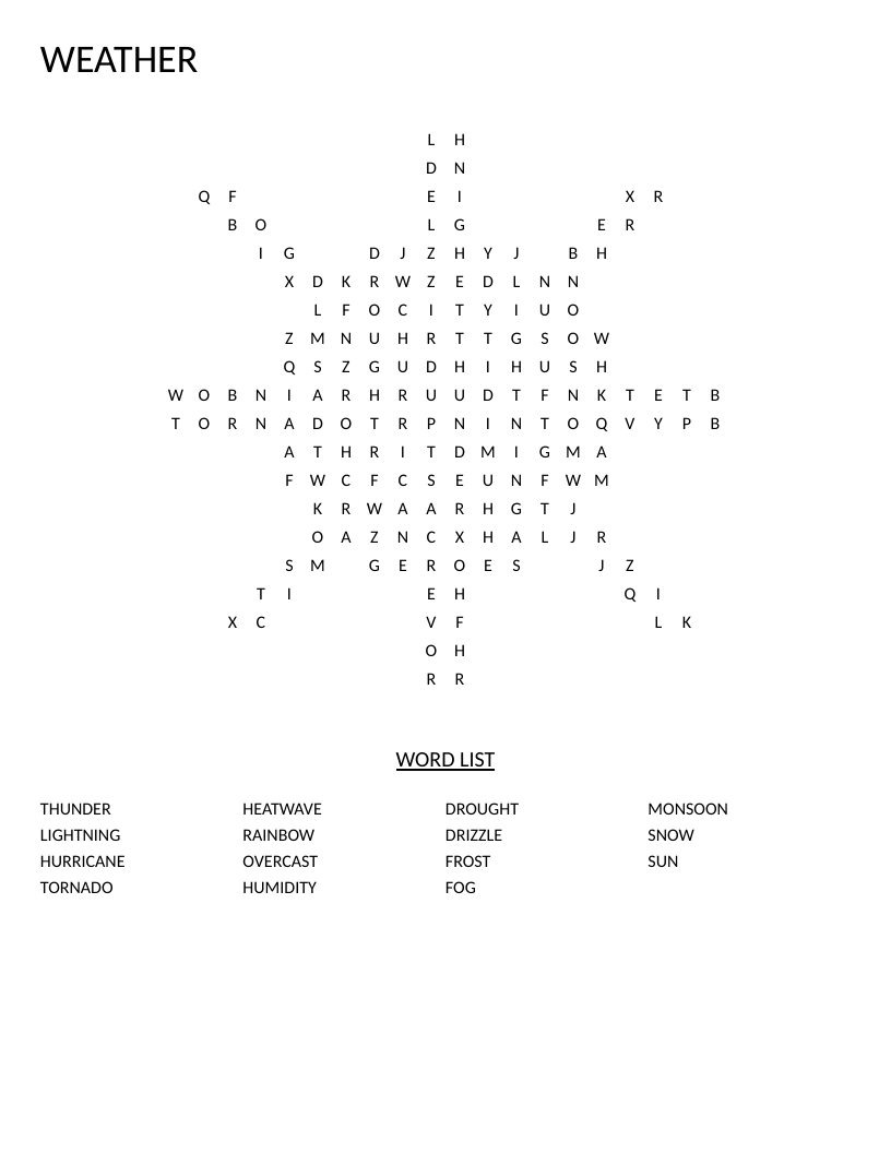 Sun-shaped weather word search with words like thunder, lightning, hurricane, and monsoon.