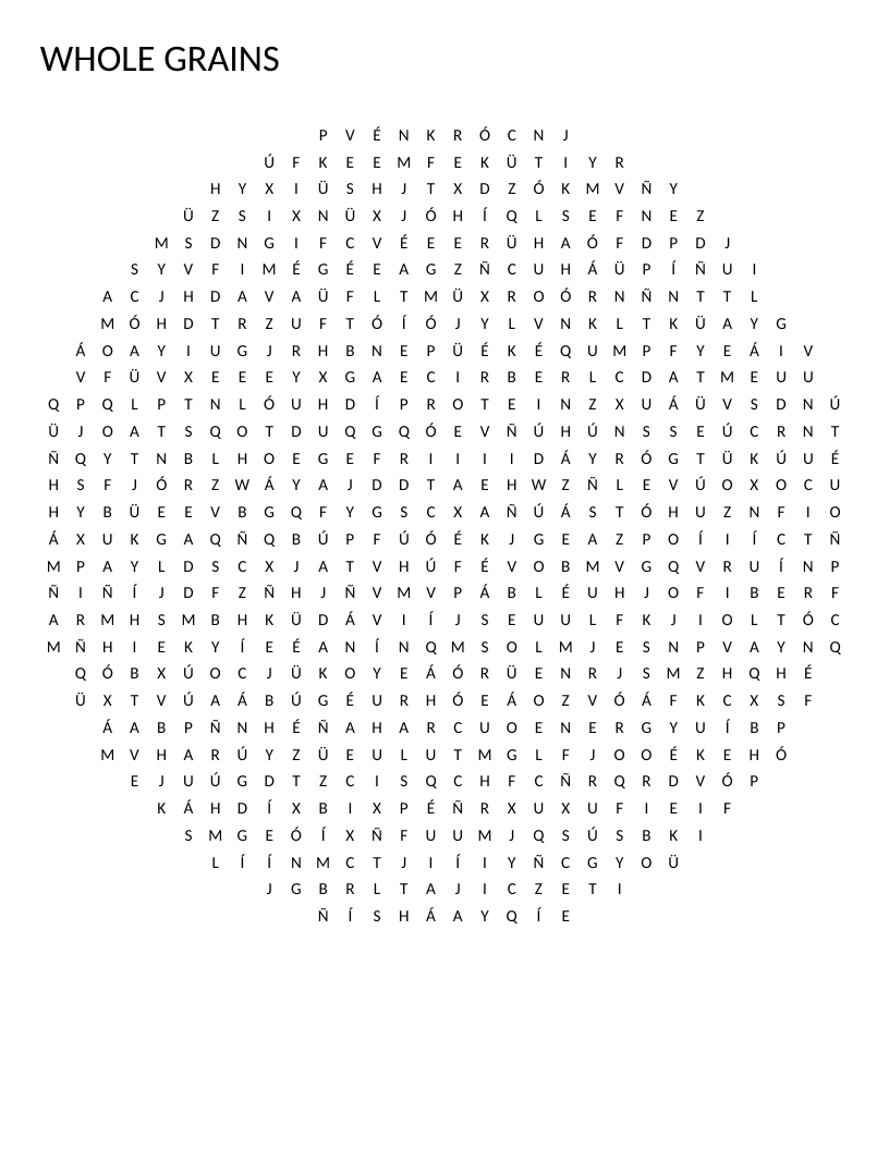 Circular whole grains word search with nutrition words like fiber, oats, wheat, and vegetables.