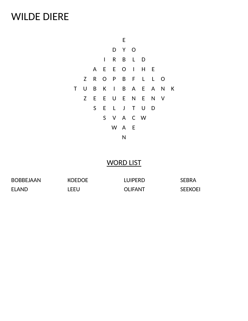 Diamond-shaped Afrikaans animal word search with words like leeu, olifant, and sebra.