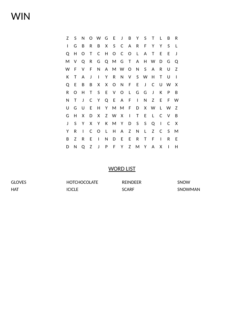 Winter word search with words like snowman, reindeer, and hot chocolate for young learners.