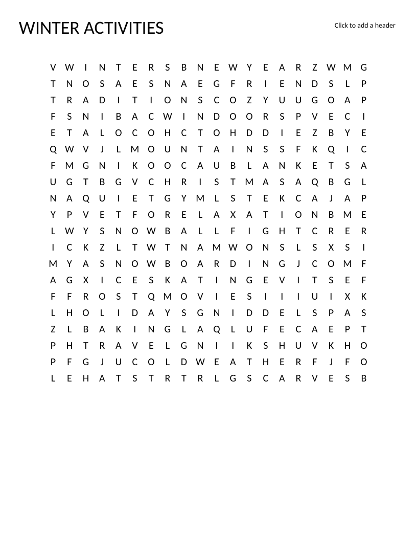 Winter activities word search with skiing, snowman, hot chocolate, and fireplace.