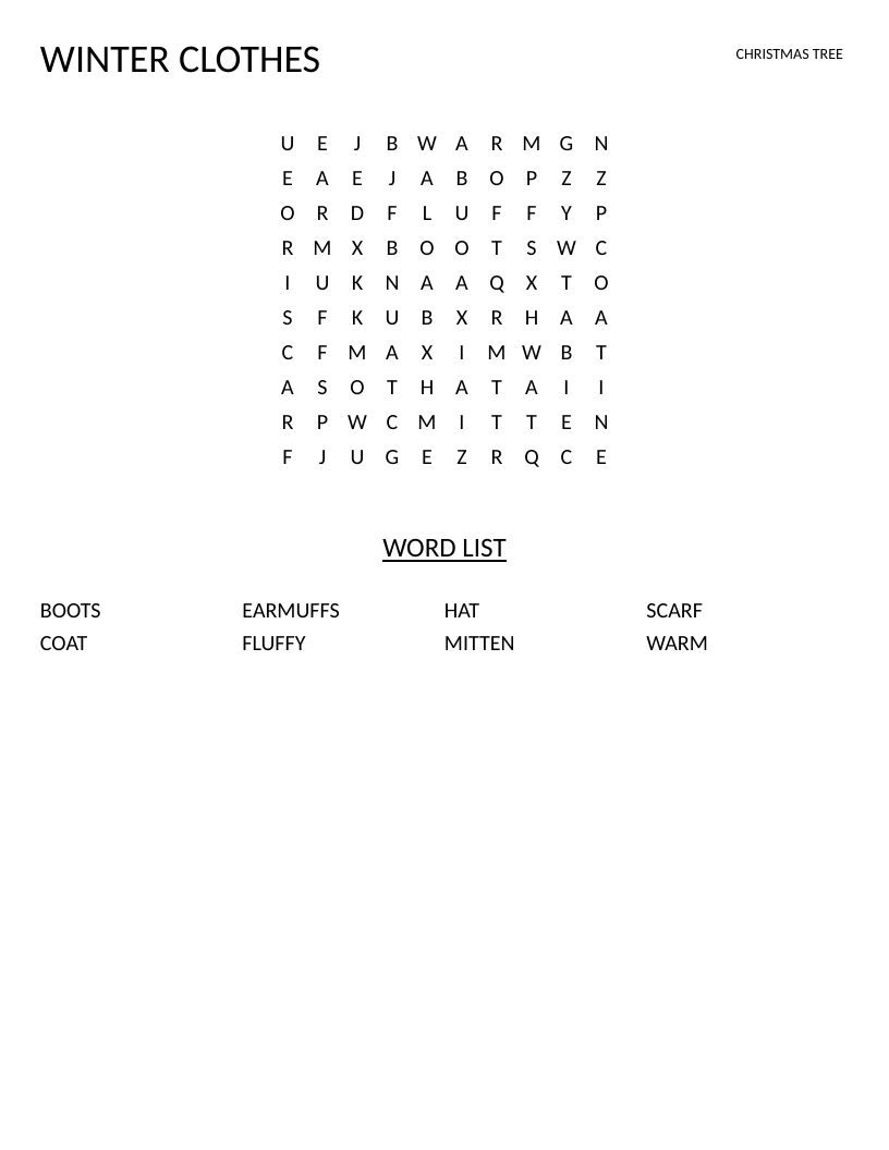 Winter clothes word search for young children with words like coat, scarf, mitten, and boots.