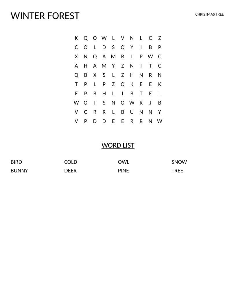 Winter forest word search with snow, tree, deer, owl, and other seasonal words.