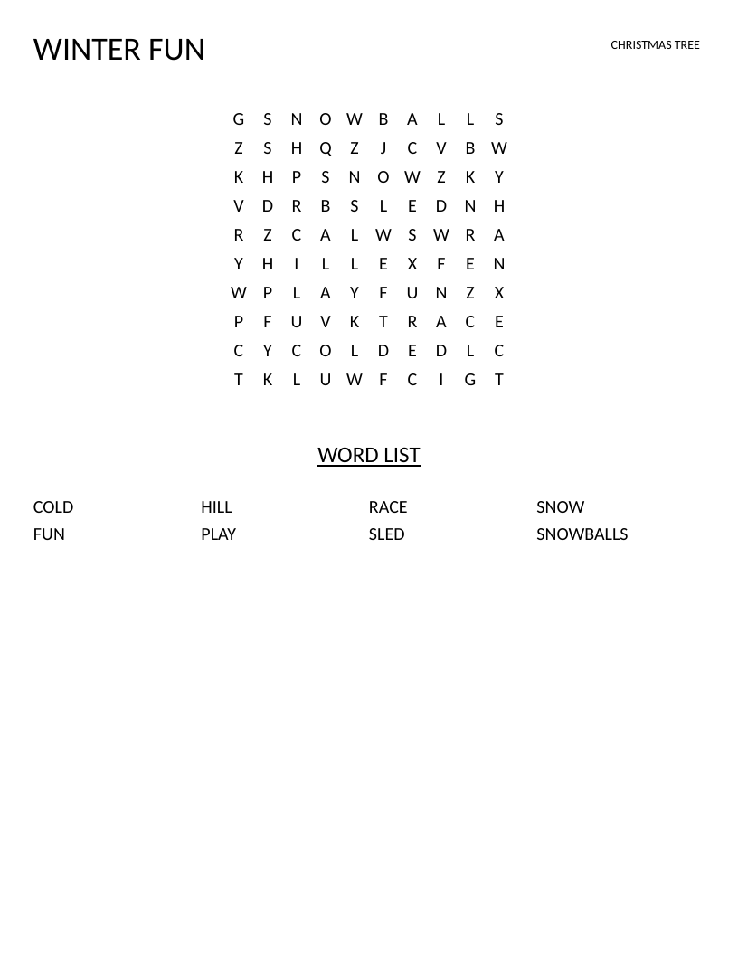 Winter fun word search for early readers with words like snow, sled, and play.