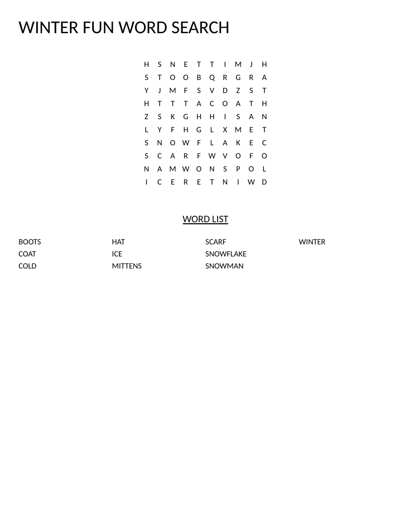 Winter word search for young learners with snowman, scarf, mittens, and snowflake.
