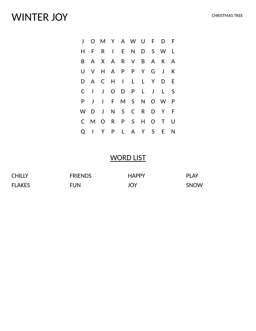 Winter word search for young children with words like snow, flakes, and friends.