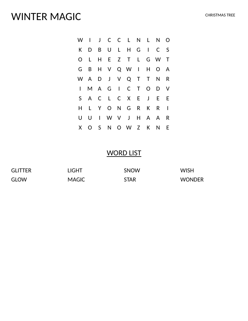 Winter Magic word search with Christmas tree header and words like snow, star, and glitter.