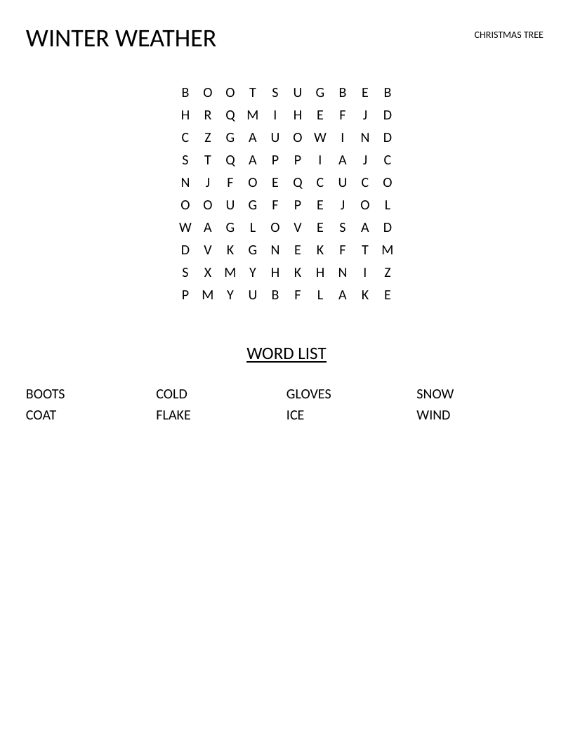 Winter weather word search for early readers with words like snow, ice, and gloves.