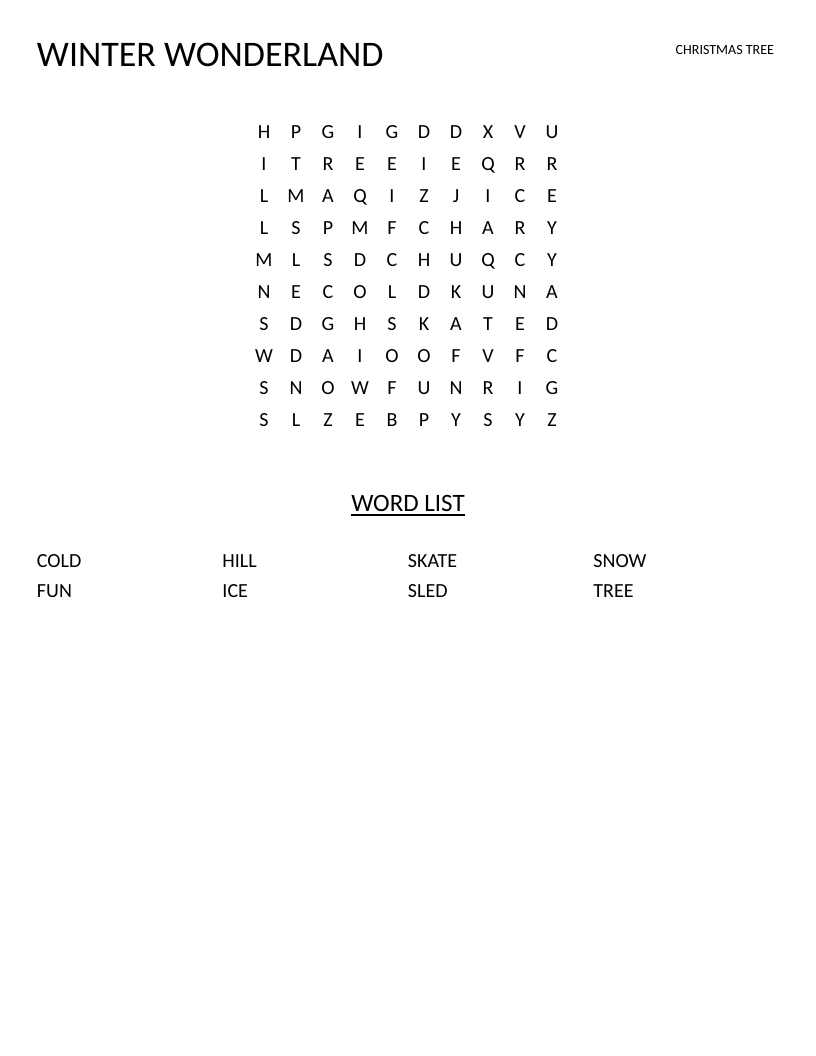 Winter word search for young learners with words like snow, ice, and sled.