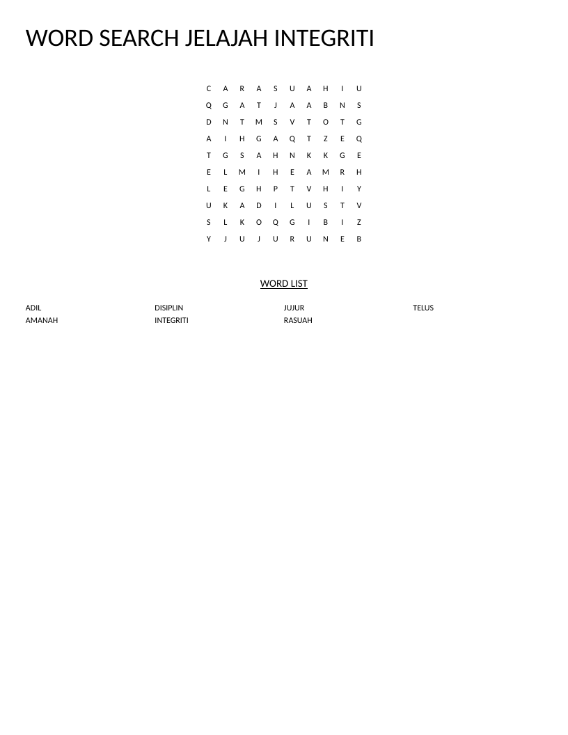 Malay integrity word search with words like amanah, disiplin, jujur, and adil.