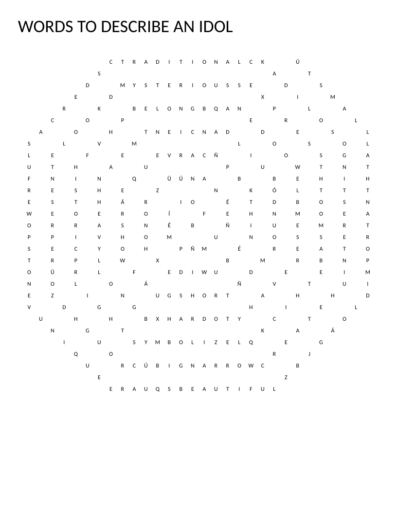 Spiral word search about describing idols with words like sacred, beautiful, and mysterious.