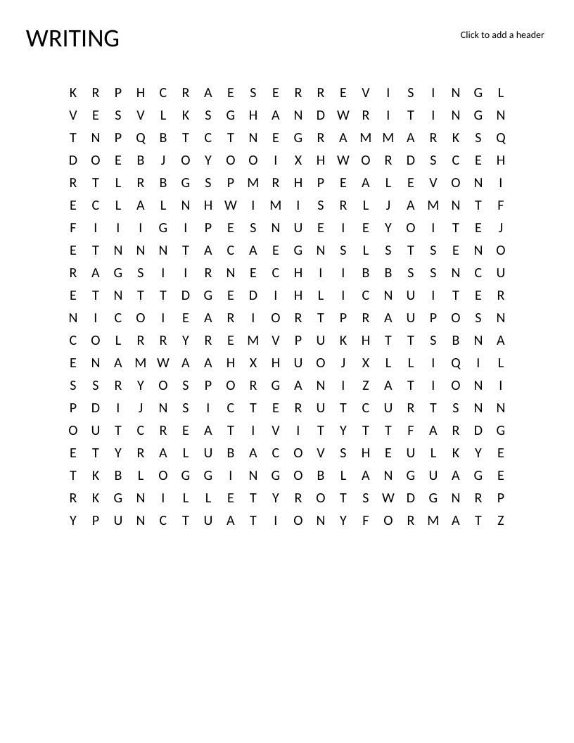 Writing vocabulary word search with words like essay, brainstorm, revising, and storytelling.