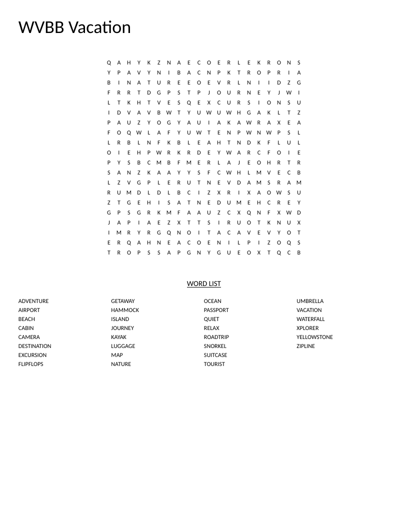 Vacation word search with travel words like beach, island, kayak, and Yellowstone.
