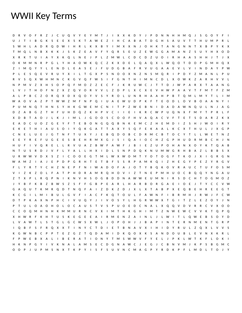 WWII word search with key terms including Pearl Harbor, D-Day, and Holocaust.