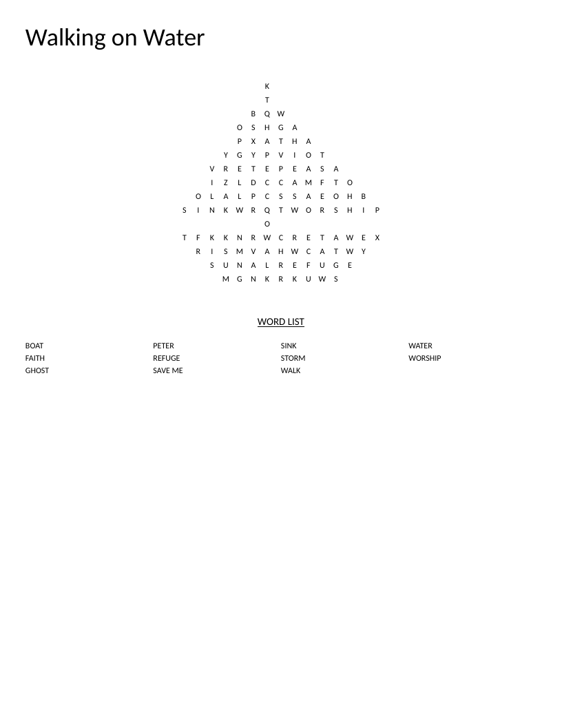 Boat-shaped Bible word search on Matthew 14 with words like faith, Peter, and worship.