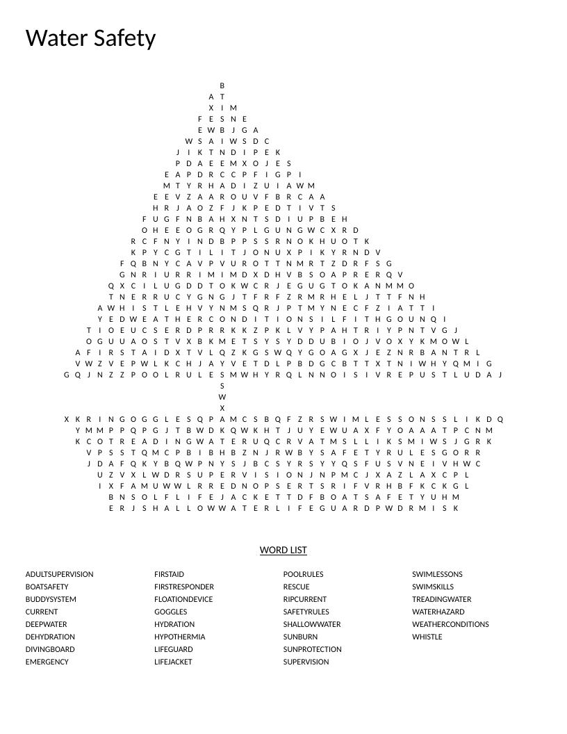Boat-shaped water safety word search with words like lifeguard, lifejacket, and ripcurrent.