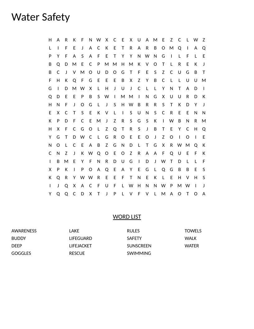 Water safety word search with words like lifeguard, lifejacket, buddy, and sunscreen.