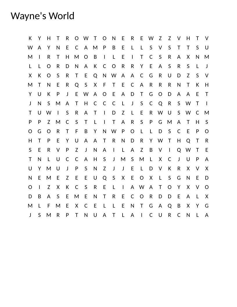 Wayne's World word search with references like Garth, Mirthmobile, and Aerosmith.