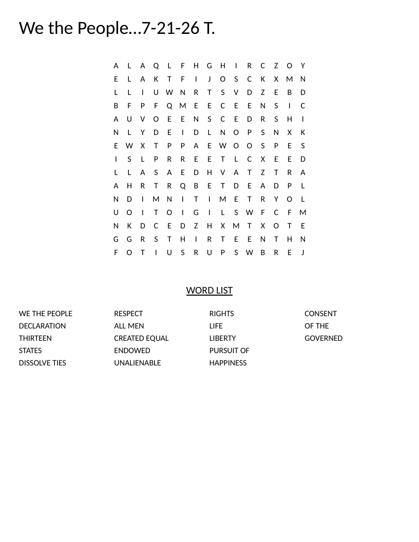 Declaration of Independence word search with phrases like unalienable rights and pursuit of happiness.
