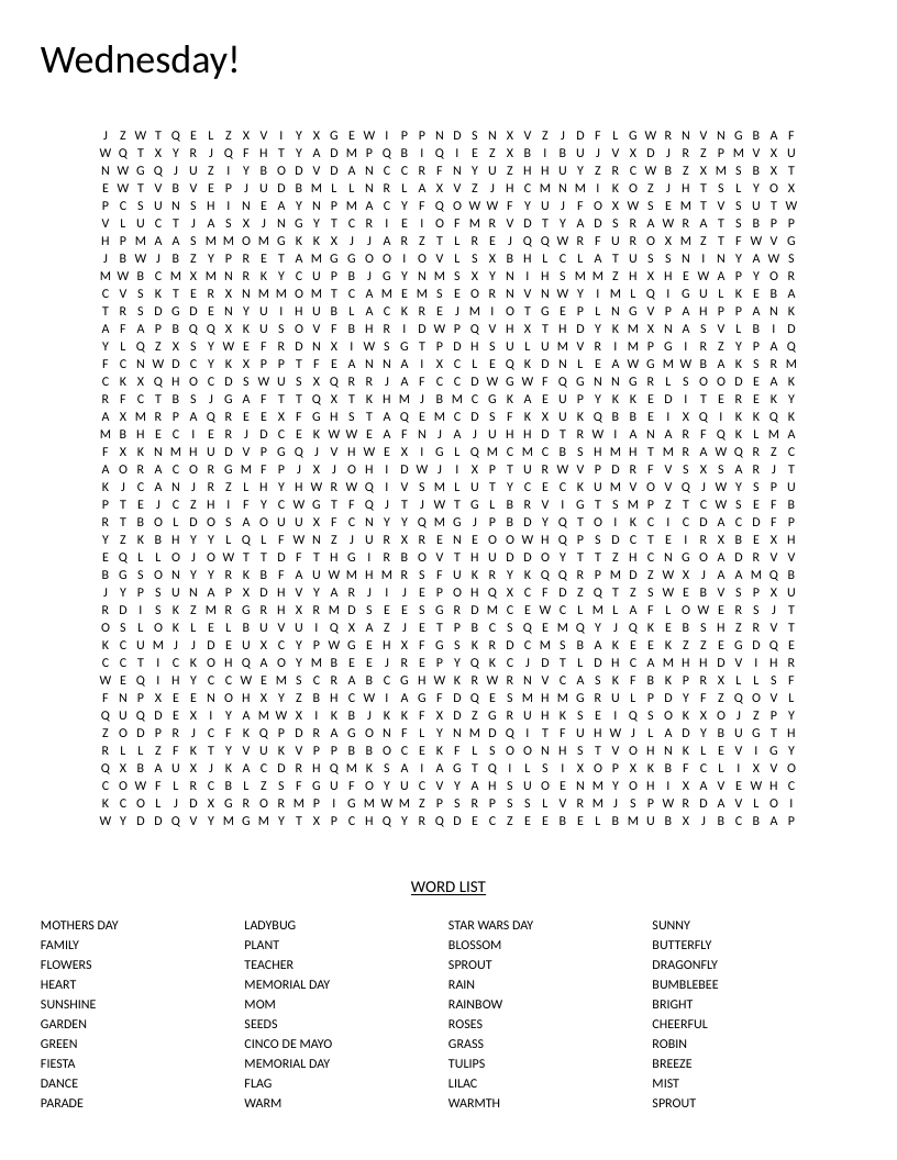Spring and May holidays word search with words like Mother's Day, flowers, and rainbow.