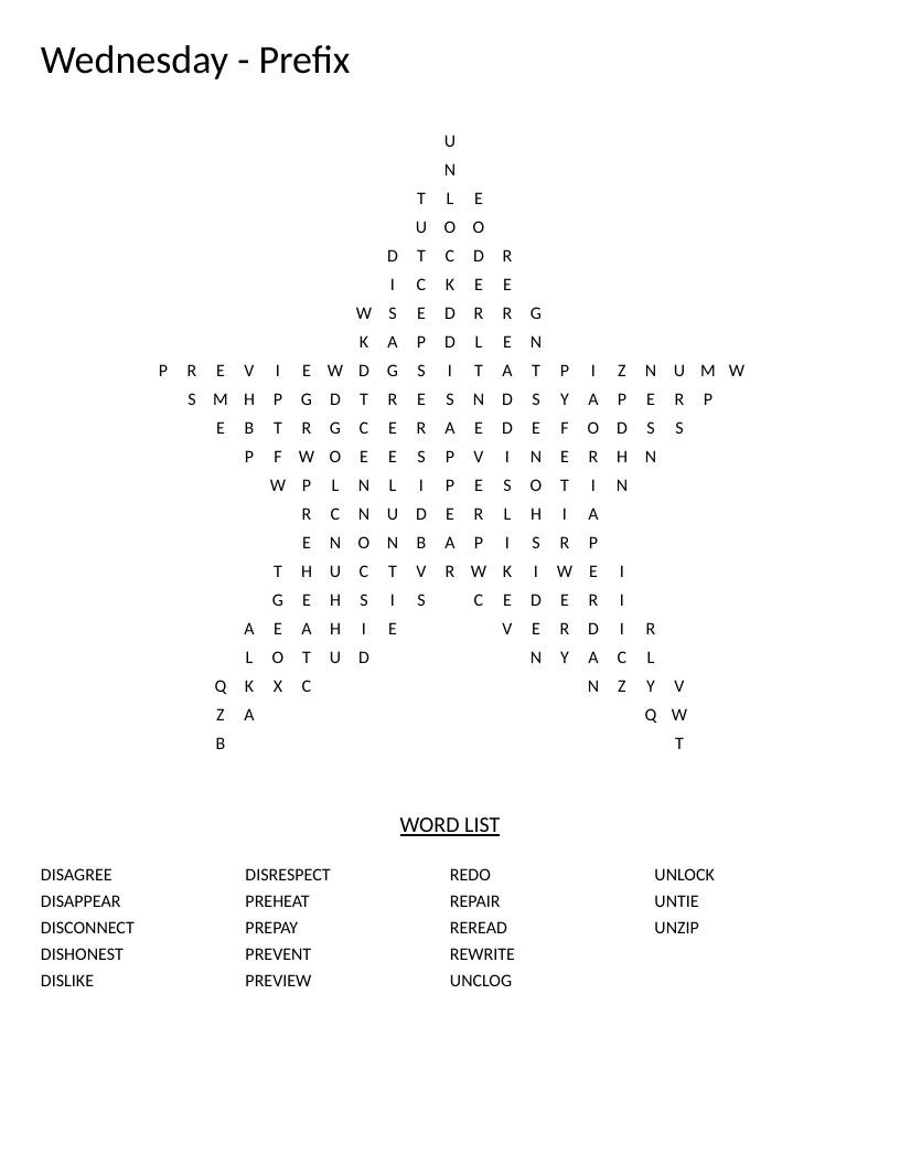Star-shaped prefix word search with words like preheat, rewrite, and disappear.