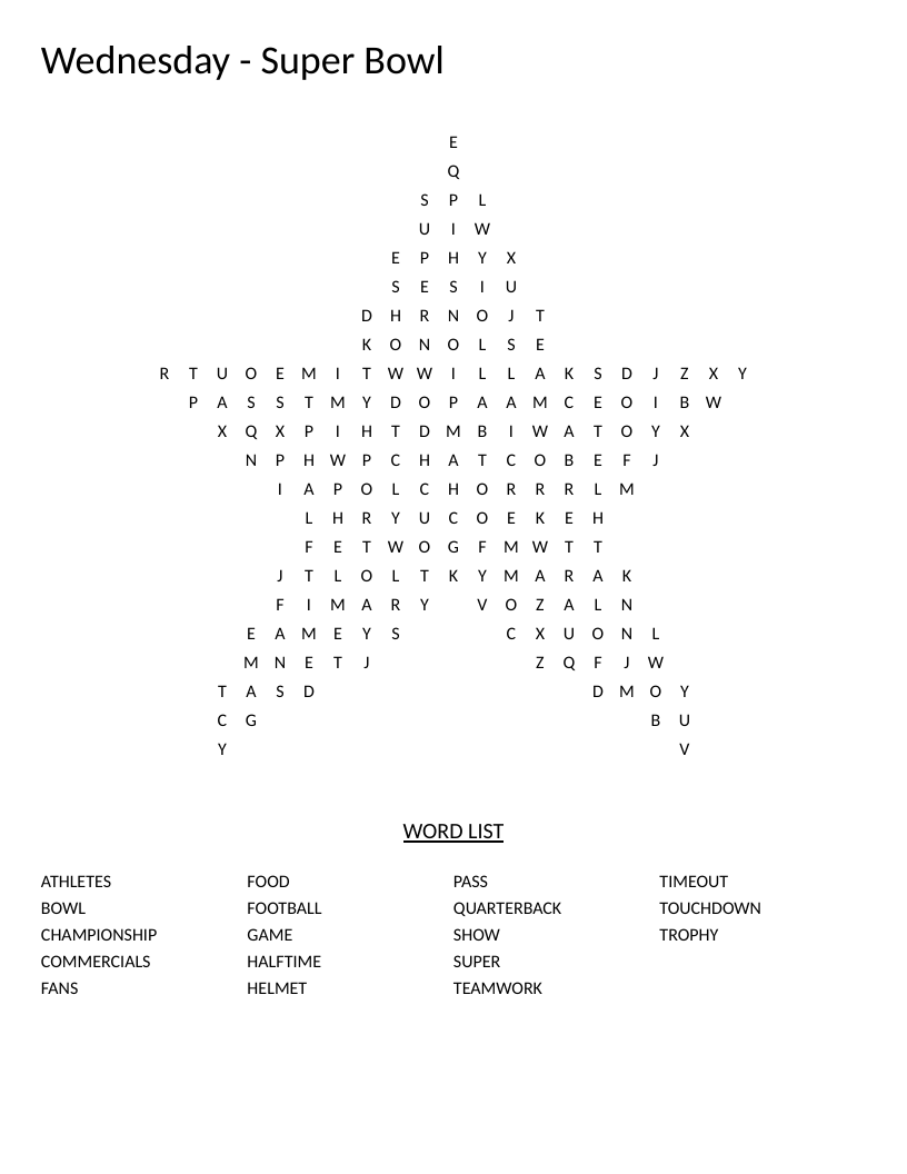 Star-shaped Super Bowl word search with football vocabulary including quarterback, touchdown, and halftime.