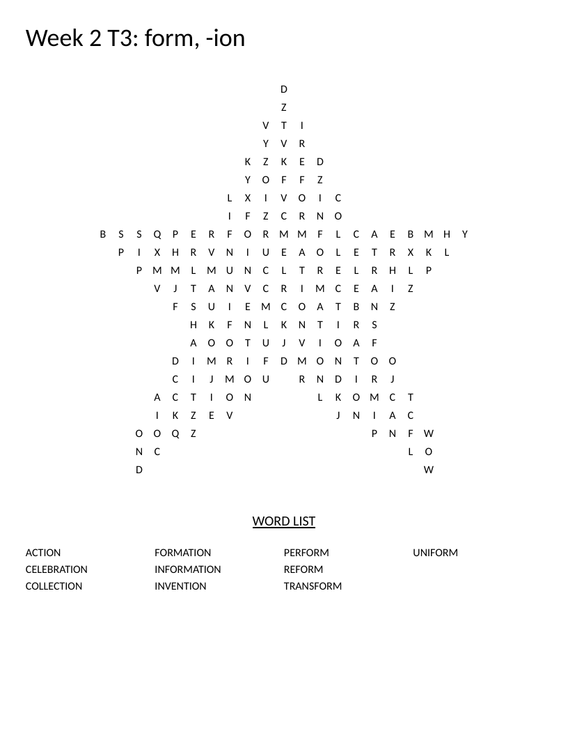 Star-shaped word search with -ion suffix words like collection, invention, and celebration.