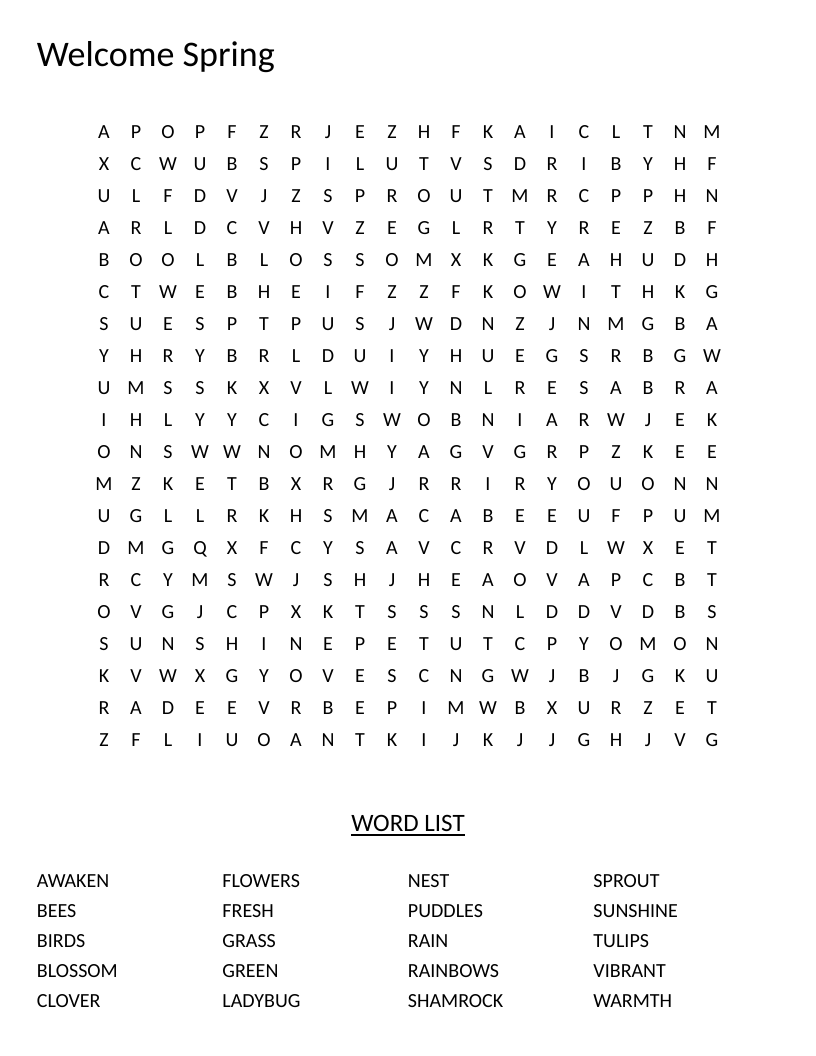 Spring word search with words like flowers, rainbows, and ladybug.
