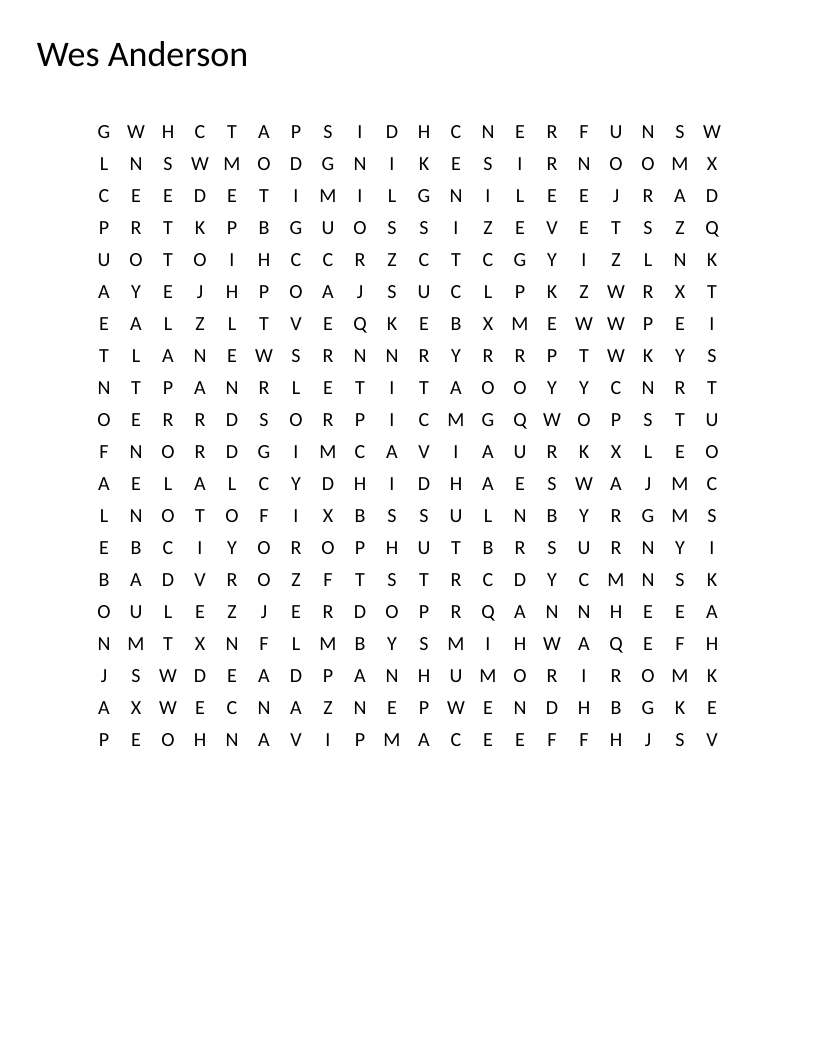 Wes Anderson word search featuring film titles and style elements like Grand Budapest Hotel and symmetry.