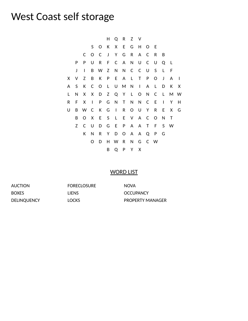 Self-storage industry word search with property management vocabulary including delinquency and liens.