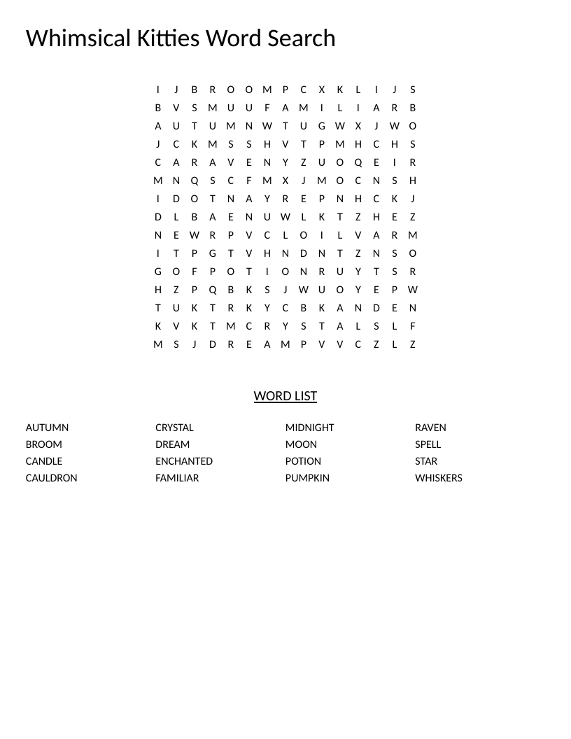 Halloween word search with witchy words like potion, spell, pumpkin, and enchanted.
