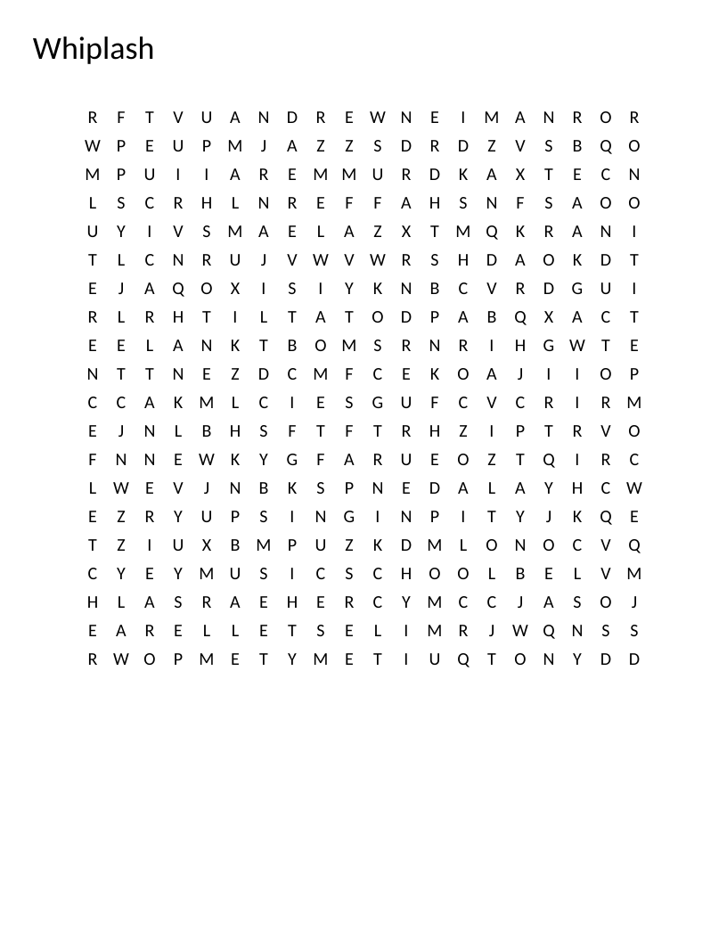 Whiplash word search featuring jazz, Terence Fletcher, and perfectionism.