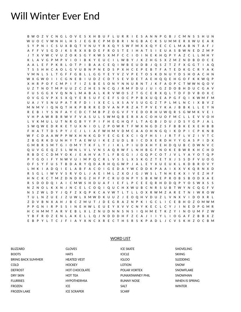 Winter word search with vocabulary like blizzard, Punxsutawney Phil, and icicle.