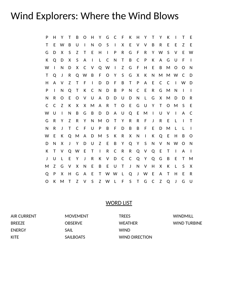 Wind and weather word search with words like windmill, kite, and sailboats.
