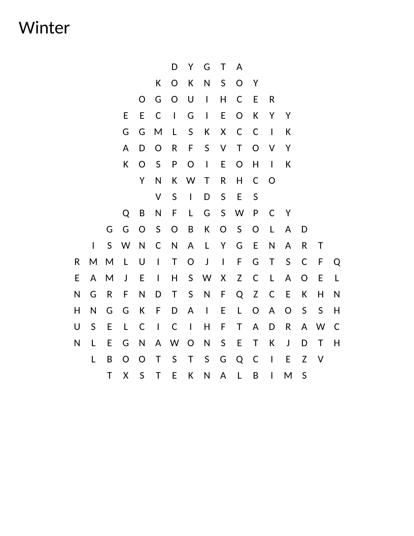 Snowman-shaped winter word search with words like sledding, ice skating, and snowflakes.
