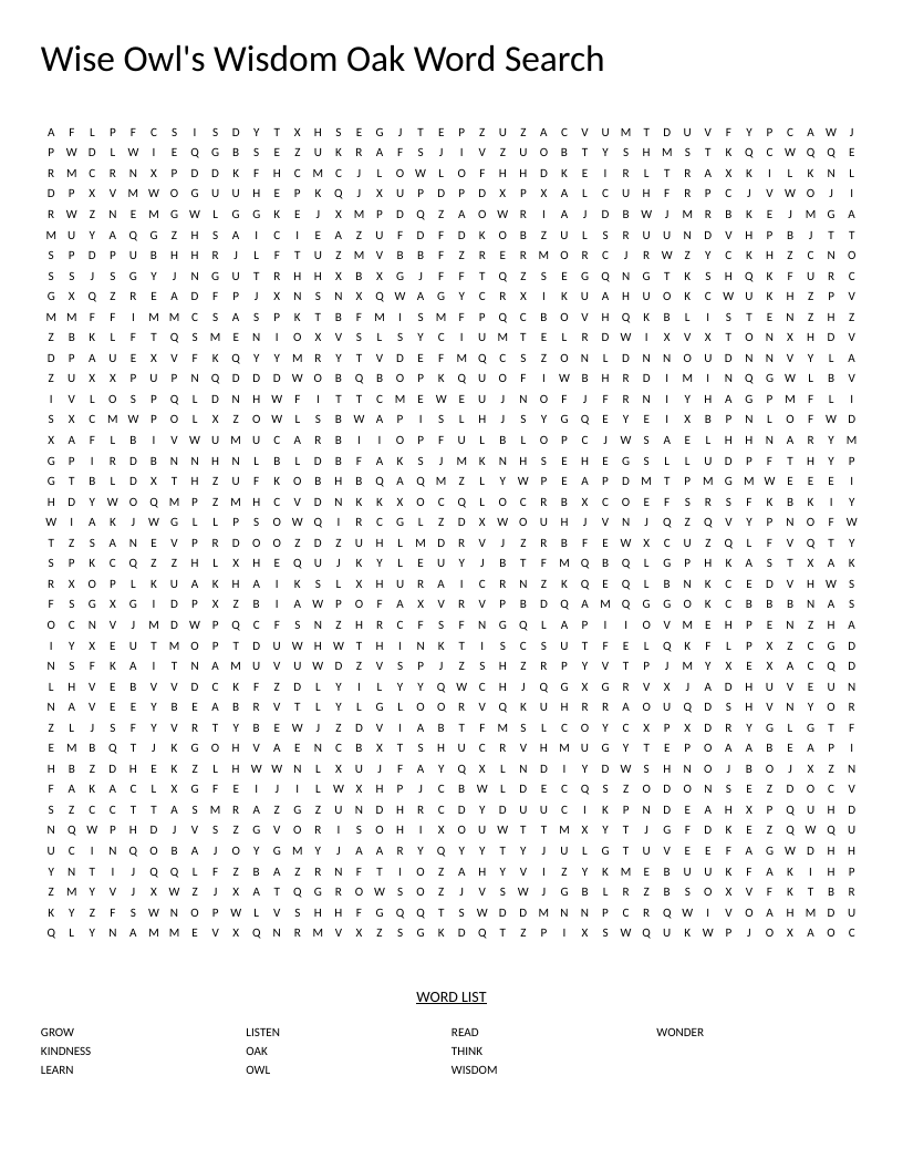 Wise Owl word search for primary grades with words like wisdom, listen, and kindness.