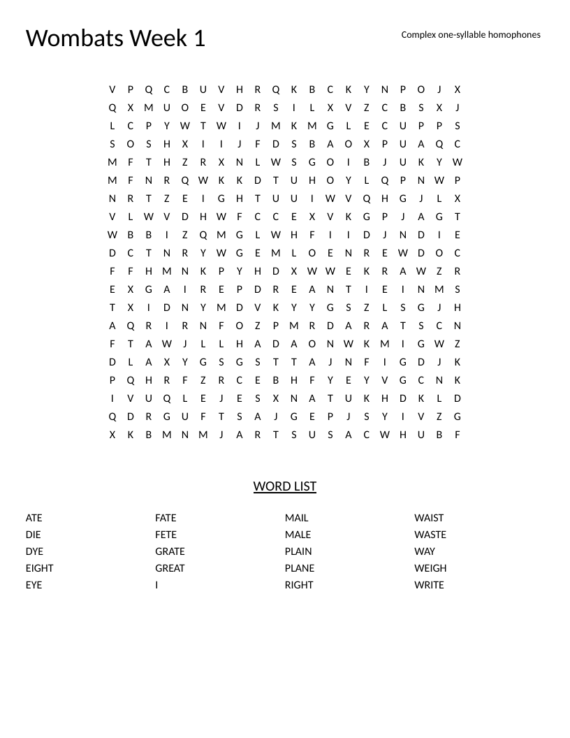Homophones word search featuring word pairs like write/right and plane/plain.