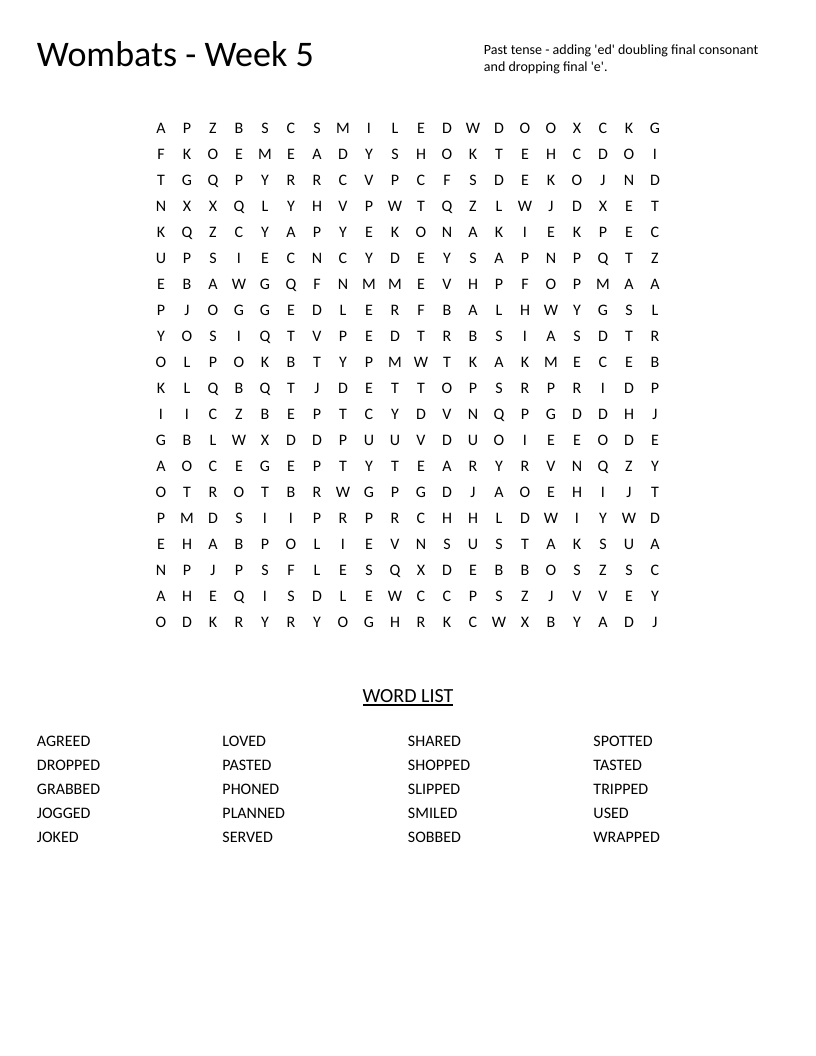 Past tense verbs word search with -ed endings including grabbed, spotted, and wrapped.