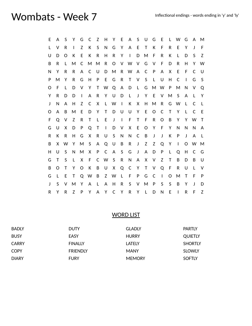 Word search on inflectional endings with words like quietly, friendly, and duty.