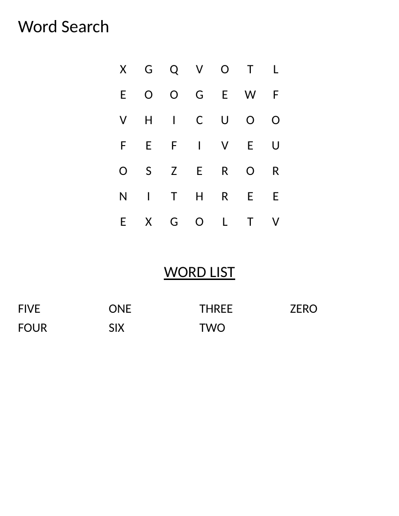 Kindergarten numbers word search with words one, two, three, four, five, six, and zero.