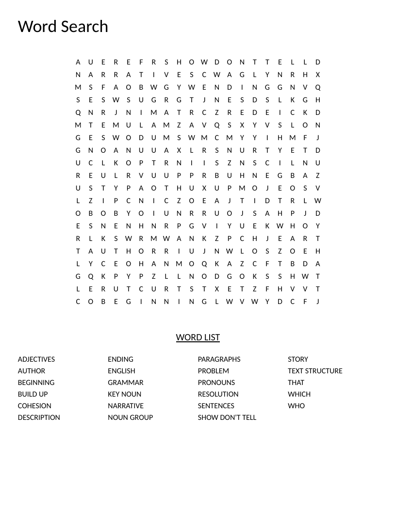 Writing word search with narrative structure terms like beginning, problem, resolution, and show don't tell.