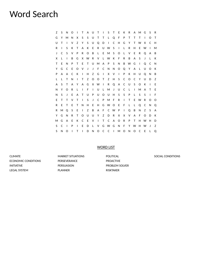 Word search on leadership and civic engagement with terms like initiative, perseverance, and climate.