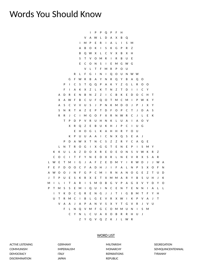 Snowman-shaped word search with social studies words like democracy, segregation, and imperialism.