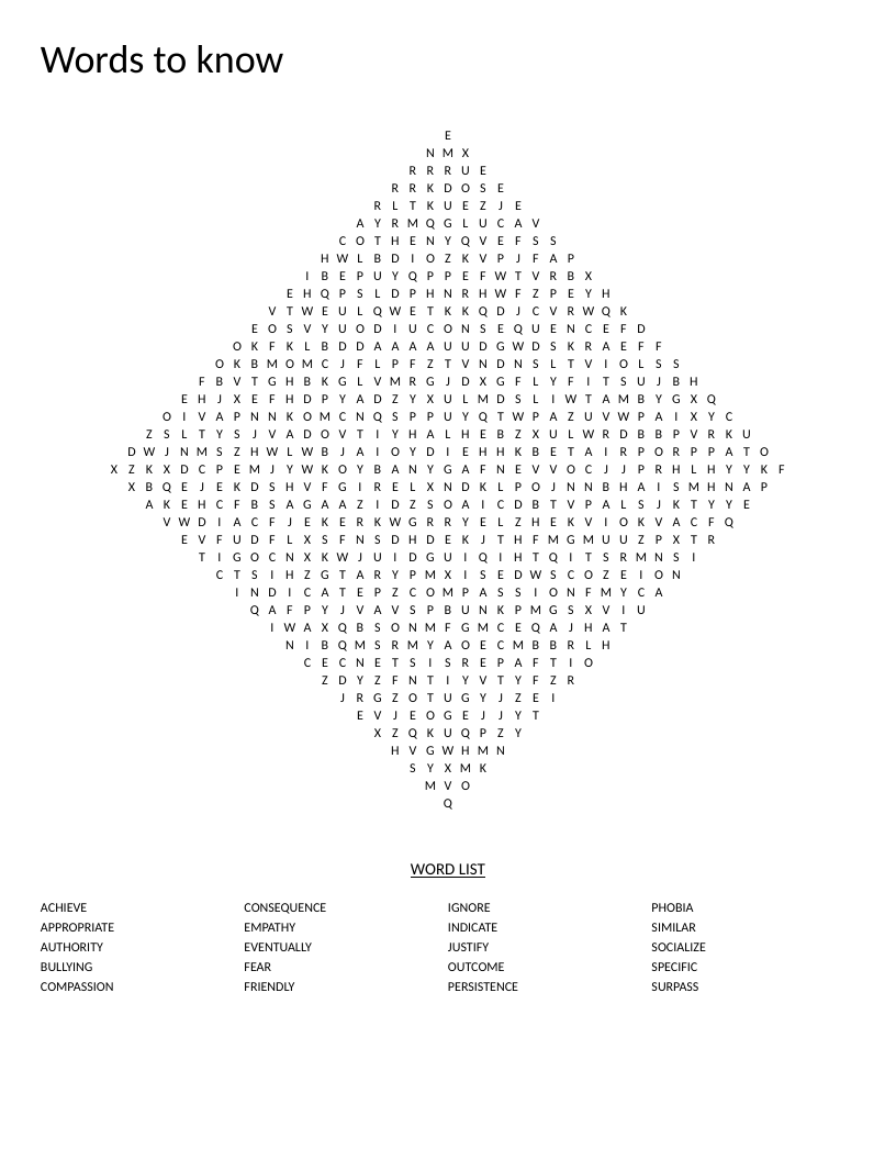 Diamond-shaped word search with social-emotional vocabulary including empathy, compassion, and bullying.