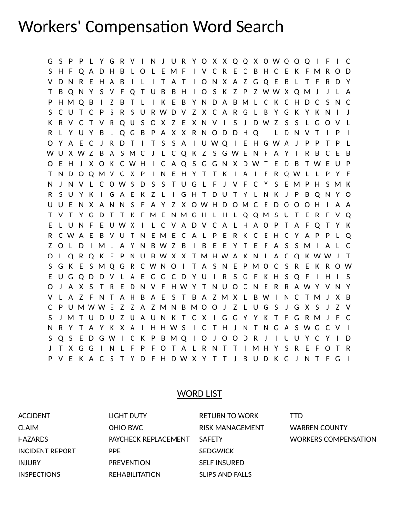 Workers' compensation word search with workplace safety terms like Ohio BWC and return-to-work.