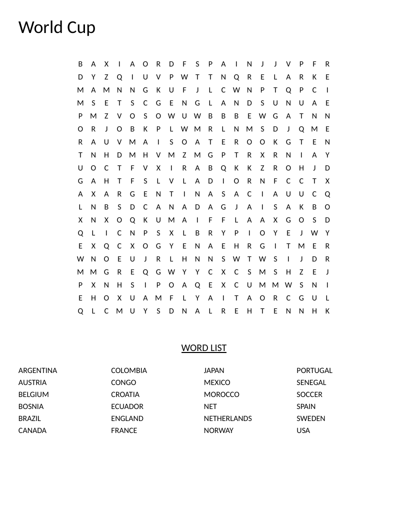 World Cup word search with countries including France, Brazil, Argentina, and England.