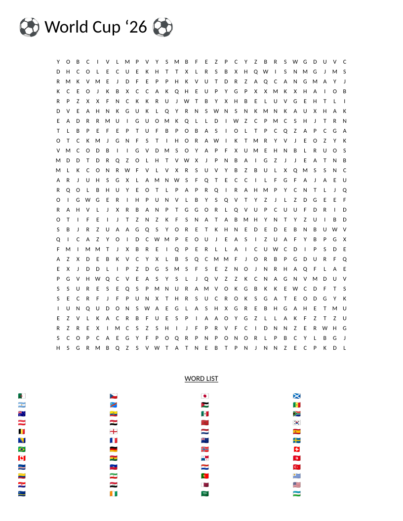 World Cup 2026 word search with country codes like ARG, BRA, FRA, and USA.