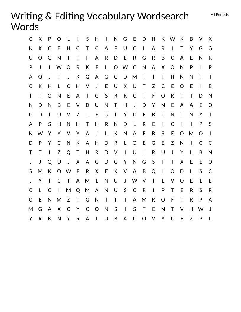 Writing and editing vocabulary word search with words like revision, proofreading, and manuscript.